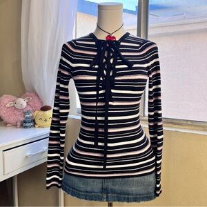 Bebe striped rib knit tie up fitted y2k black & pink top size XS